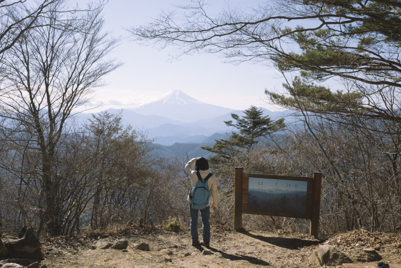 三頭山から富士山を眺める登山者